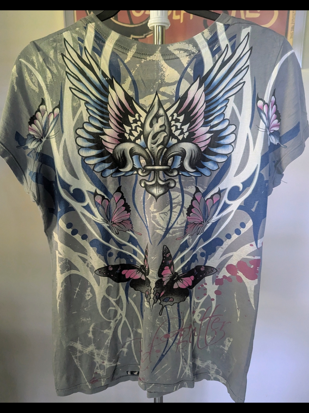 $9 Brad Butter Size L Y2K Butterfly Fleur De Lis Grunge Beaded Wings - Picture 2 of 4